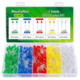 Kit de Diodos LED de 5mm, 250 Piezas 5 Valores 5 Colores, Juego de Bombillas de Diodos Emisores de Luz de Bajo Voltaje, Verde, Azul, Rojo, Amarillo, B