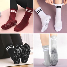 floconssy Pilates Socks with Grips for Women, Yoga Non Slip Grippy Crew Socks for Hospital Barre Gym Sticky Slipper Socks 4 Pairs Red Size 6-10
