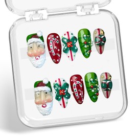 Christmas Press on Nails Short Almond False Nails Luxury Thick Handmade 3D Pearl Rhinestone Design Muti-Layer Gel Xmas Santa Claus False Nails Full Cover Christmas Acrylic Nails for Women (Size M)