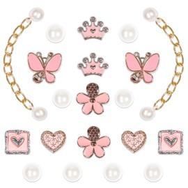 20 Pcs Bling Shoe Charms for Women, Pearl Bling Gold Chain Shoes Charms Accessories, Cute Flower Butterfly Shoe Decoration, DIY Shoe Accessories for Party Favor (Pink)