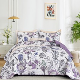Dintszyayue King Size Quilts Purple, 3 Pieces Boho Floral Bedspread Bedding for King Size Bed, Soft Lightweight Microfiber Coverlet Set for All Season Quilt with 2 Pillowcases