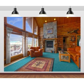 CORFOTO 7x5ft Fabric Rustic Log Cabin Backdrop Washington Horse Farm Retro Villa Photo Background Leather Sofa Luxury Living Room Background Travel Vacation Portrait Photo Booth