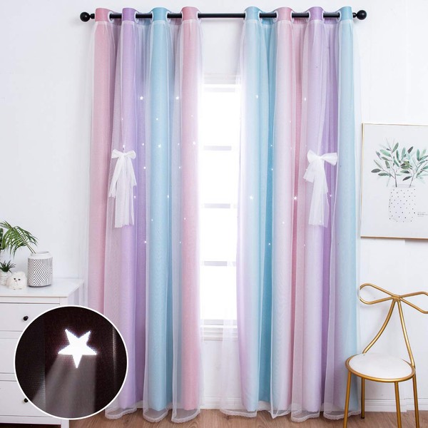 Unistar 2 Panels Blackout Curtains for Kids Girls Bedroom Aesthetic Living Room Decor Colorful Double Layer Star Cut Out Stripe Pink Rainbow Window Wall Home Decoration ,W52 x L63 Inches