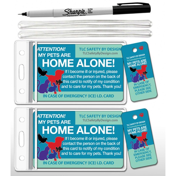 Original Trademarked My Pets are Home Alone Alert Emergency Medical ICE ID Plastic Contact Wallet Card and Key Tag Dogs Cats & Emergency Contact Call Card (Qty. 2 Complete Bundle from TLC)