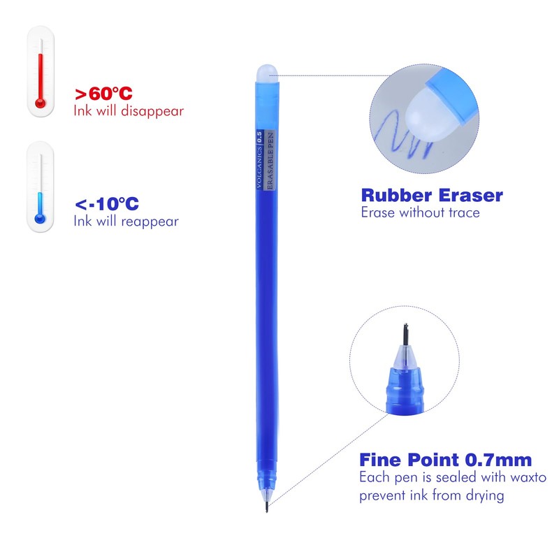 Volcanics Erasable-Gel-Pens Fine Point 0.5 mm, Mistakes Dispear, Black and