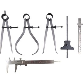 Omex 6 Piece Measuring Set/Kit with 6" Spring Dividers, Inside & Outside Calipers, Depth Gauge, Pocket Ruler, Vernier Caliper I Made In India