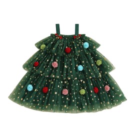 Honganda Fashion Kids Toddler Baby Girl Christmas Dress Sleeveless Star Layered Tutu Dress with Pompom Balls Princess Dress (Green, 1-2 Years)