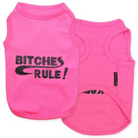 Parisian Pet Dog Tshirt - Embroidered “ B*tches Rules“ Dog Shirt - 100% Cotton and Lightweight Funny Dog Clothes - Sleeveless Dog Tee Shirts - Machine Washable Dog Shirts for Small Dogs - S