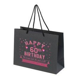 60th Birthday Gift Bag - Black Paper with Rope Handles - Eco Friendly Medium Gift Bag - Looks Great - Pink