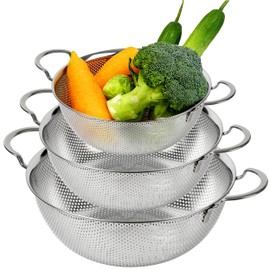 COMPORT K Premium 18/8 304 Stainless Steel Strainer Set of 3 with Handles, Micro-Perforated Colanders, 4-6-8 Quart Set, Self-Draining Solid Base for Pasta, Fruits, Vegetables, Made in Korea