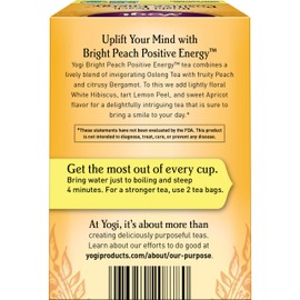 Yogi Tea Bright Peach Positive Energy Tea - 16 Tea Bags per Pack (4 Packs) - Organic Tea to Support Focus & Energy - Includes Oolong Tea Leaf, White Hibiscus Flower, Rose Hips & More