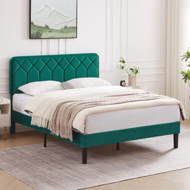 VECELO Queen Size Bed Frame Premium Velvet Upholstered Platform with Height Adjustable Headboard/Mattress Foundation, Solid Wooden Slat Support, No Box Spring Needed/Easy Assembly