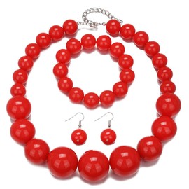 xuzhiyuan Chunky Bead Jewelry Set for Women – 3-Piece Statement Necklace, Bracelet & Earrings with Oversized Colorful Beads, Vibrant Retro Fashion Accessory-Red