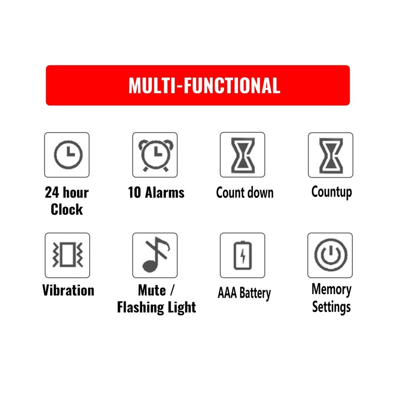 Digital Multifunction Timer with Clock, 10 Preset Alarms, Countup &