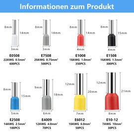 Wire End Ferrules Set 2000 Pieces, Wire End Ferrules 0.5 mm² - 10 mm², Insulated Wire End Ferrules Assortment, Wire End Ferrules Set for Wire Connection