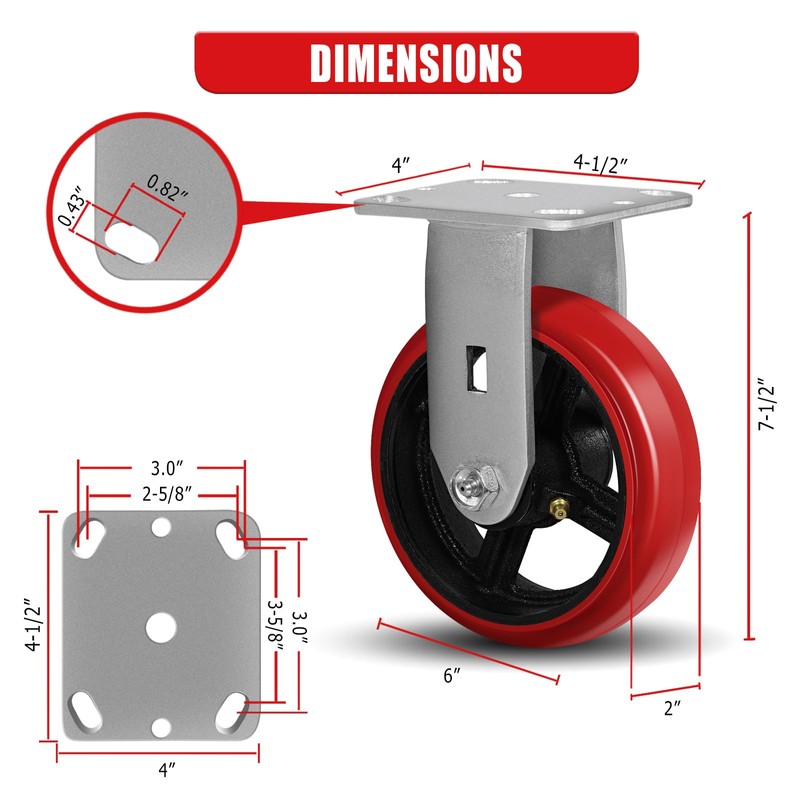 CWfutureparts 6"X2" Heavy Duty Industrial Casters,Crowned Polyurethane Tread Cast Iron