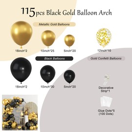 115pcs Gold Black Latex Balloons Garland with Gold Confetti Balloons for Boys Men Birthday, Graduation, New Year, Wedding, Retirement, Umrah Mubarak Party Decorations