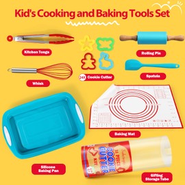 Kids Cooking & Baking Sets Real, Toddler Kitchen Toys, 24 Assorted Cookie Cutters - with Rolling Pin, Silicone Baking Pan, and Non-Stick Baking Mat for Kids Girls Boys Ages 4+