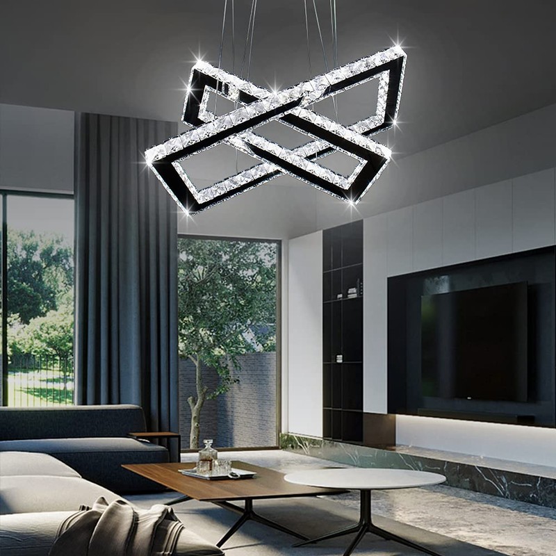 Finktonglan Modern Crystal Chandelier, Rectangular Double Ring LED Pendant Light,