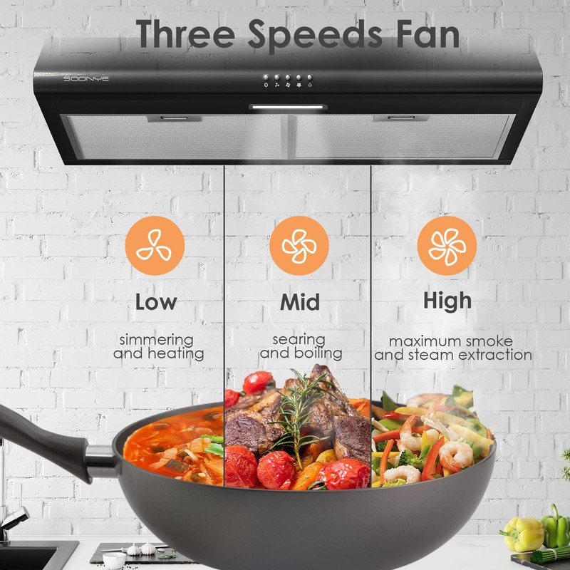 SOONYE 30 inch Black Under Cabinet Range Hood, Stainless Steel