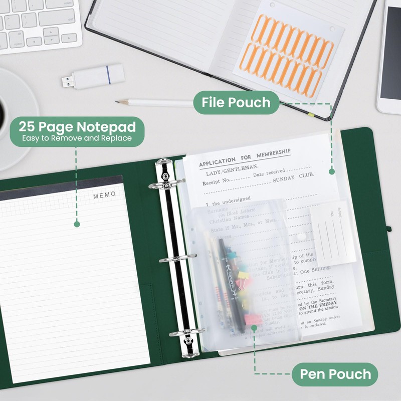 BVSSX 3 Ring Binder with Clipboard,2 Inch Binders with Notepad&5