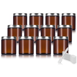 Amber Thick Glass Straight Sided Jar with Silver Metal Airtight Lid - 4 oz / 120 ml (12 pack) + Spatulas