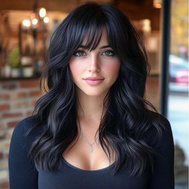 Black Wig for Black Women 14 Inch Short Wavy Hair Wigs Curly Bob Wig with Bangs Shoulder Length Wigs for Black Women Style Synthetic Heat Resistant Bob Wig