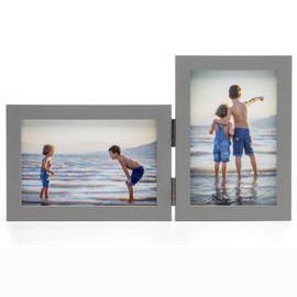 Janreefan Double Horizontal & Vertical 4X6 Picture Frames Hinged Folding Photo Frames in Gray for Wall Hanging or Tabletop Standing, Made of Pine Wood with Real Glass P-H64S46-HUI