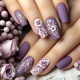 24Pcs Spring Press on Nails Medium Coffin Fake Nails Purple Full Cover Glue on Nails Matte Acrylic Nails with Floral Designs Natural Artificial Nails Flower False Nails for Women Girls