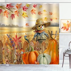 ZCHOMI Fall Scarecrow Shower Curtain Pumpkin Maple Leaves Autumn Harvest Thanksgiving Shower Curtain for Bathroom Waterproof Polyester Fabric Bathroom Curtain 72 x 72 Inch with 12 Plastic Hooks