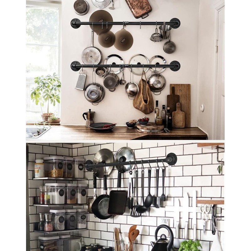 Bailoo Industrail Pipe Pot Pan Rack, Wall mount Pot hangers