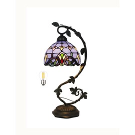 8 Inches Tiffany Lamp Stained Glass Table Lamp, Metal Leaf Base Reading Desk Light Decor Small Space Vintage Bedside Lamps