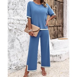 Aokivvy Womens 2 Piece Outfits Summer Sweater Sets Short Sleeve Knit Pullover Tops Wide Leg Pants Lounge Sets Tracksuits (Blue, S)