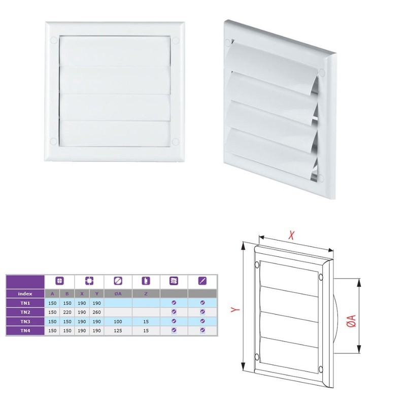 Air vent Gravity flap for 125mm duct, Plastic white(TN4)