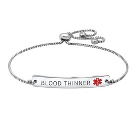RENYILIN Stainless Steel Box Chain Adjustable Medical Alert Emergency Aid Bracelet (BLOOD THINNER, 1)