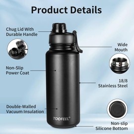 Toofeel 32 oz Insulated Water Bottle - Double Walled Stainless Steel Metal Water Bottle for Cold Hot Drink, Leak Proof, Chug Lid, Wide Mouth Thermal Cups for Men, Women & Kids Midnight Black