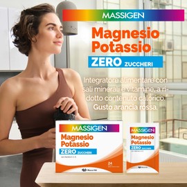 Massigen - Magnesio e Potassio Zero Zuccheri, Gusto Arancia Rossa, Integratore a Ridotto Contenuto Calorico con Sali Minerali e Vitamine, 24 Bustine da 4 g