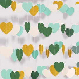 G2PLUS Glitter Heart Garland, 16m Green White Gold Hearts Hanging Garlands, Sparkling Paper Garland Hanging Streamer for Anniversary, Wedding, Birthday Party, Baby Shower