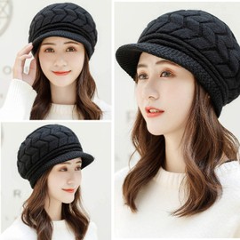 Tuopuda® Katze Ohren geformt Damen Mädchen häkeln Stricken Ski Hut Warm Beanie Wollmütze Wintermütze Strickmütze (Schwarz mit Schild)