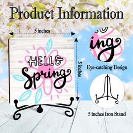 seclate Hello Spring Desk Decor, Rustic Floral Spring Wood Plaque with Iron Stand, Spring Decorations for Home, Gifts for Her Friends Women Coworker - B07