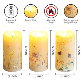 Eywamage Fiber Optic Flameless Pillar Candles with Remote Set of 3, Butterfly Floral Spring LED Candles Battery Operated Φ 3" H 6"