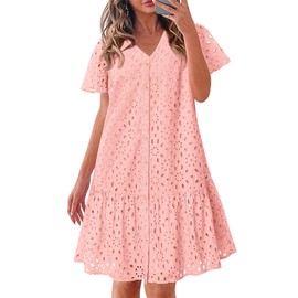 KIRUNDO Summer Dresses for Women 2025 Button Down V Neck Short Sleeve Hollow Out Lace A Line Casual Mini Babydoll Dress(Pink, XX-Large)