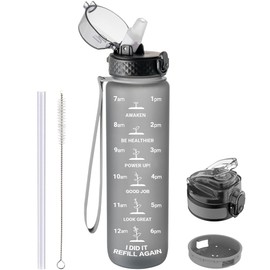GOPPUS Drinking Bottle, 1 Litre BPA-Free Tritan Water Bottle with Straw, Sports Water Bottle, Leak-Proof with Time Marking and Brush, Sports Bottle for Fitness, School, Yoga, Outdoor (1 Bottle)