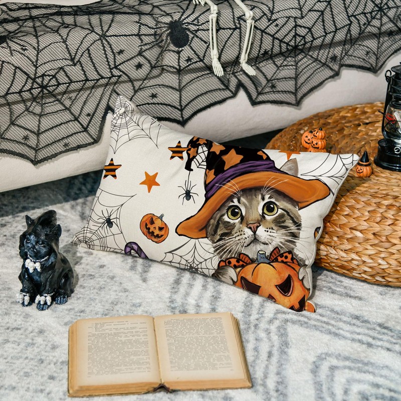 Artoid Mode Cat Jack-O-Lantern Pumpkin Spider Web Halloween Cushion Cover,