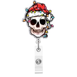 Christmas Badge Reel,Horror Skull Acrylic Badge for ID Card Badge,Xmas Hat Telescoping Retractable Badge Holder Alligator Clip Accessories for Nurse,Medical Worker,Nursing Student,Teacher