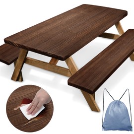 Nesphy Wood Wooden Brown Picnic Table Cover with Bench Covers, Rustic Board Vintage Outdoor Camping Essentials 6FT 3PCS Fitted Rectangle RV Must Haves Tablecloth with Drawstring Bag