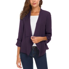 Women's Ruched Sleeve Lightweight Thin Chiffon Blazer (L, Purple)