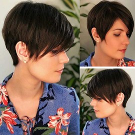 QUEENTAS Short Brown Pixie Cut Wig with Bangs Layered Straight Synthetic Short Hair Wigs for White and Black Women Daily Use(Black Cherry)