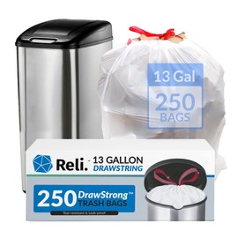 Reli. Drawstring Trash Garbage Bags, Tall Kitchen, 250 Count Bulk, White, 13 Gallon - 16 Gallon Capacity