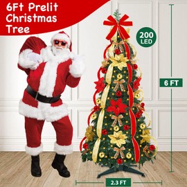 [ 8 Modes & Timer ] 6 Ft Prelit Full Pop Up Christmas Tree with 200 Warm White LED Lights, Ornaments, Red & Gold Ribbon, Bows, Plug in Collapsible Christmas Trees Outdoor Indoor Christmas Decor